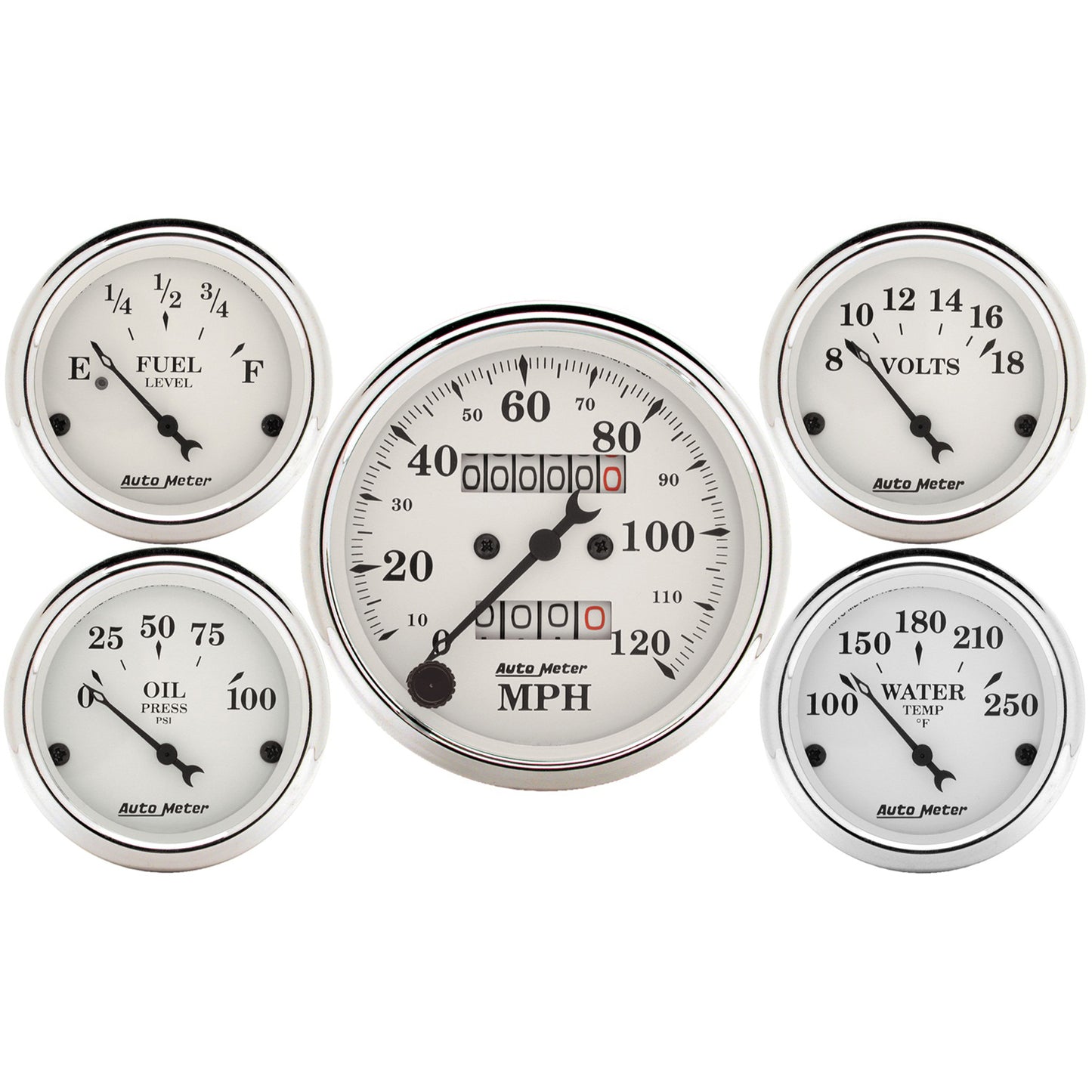 5 PC. GAUGE KIT 3-1/8 In. & 2-1/16 In. MECH. SPEEDOMETER OLD TYME WHITE