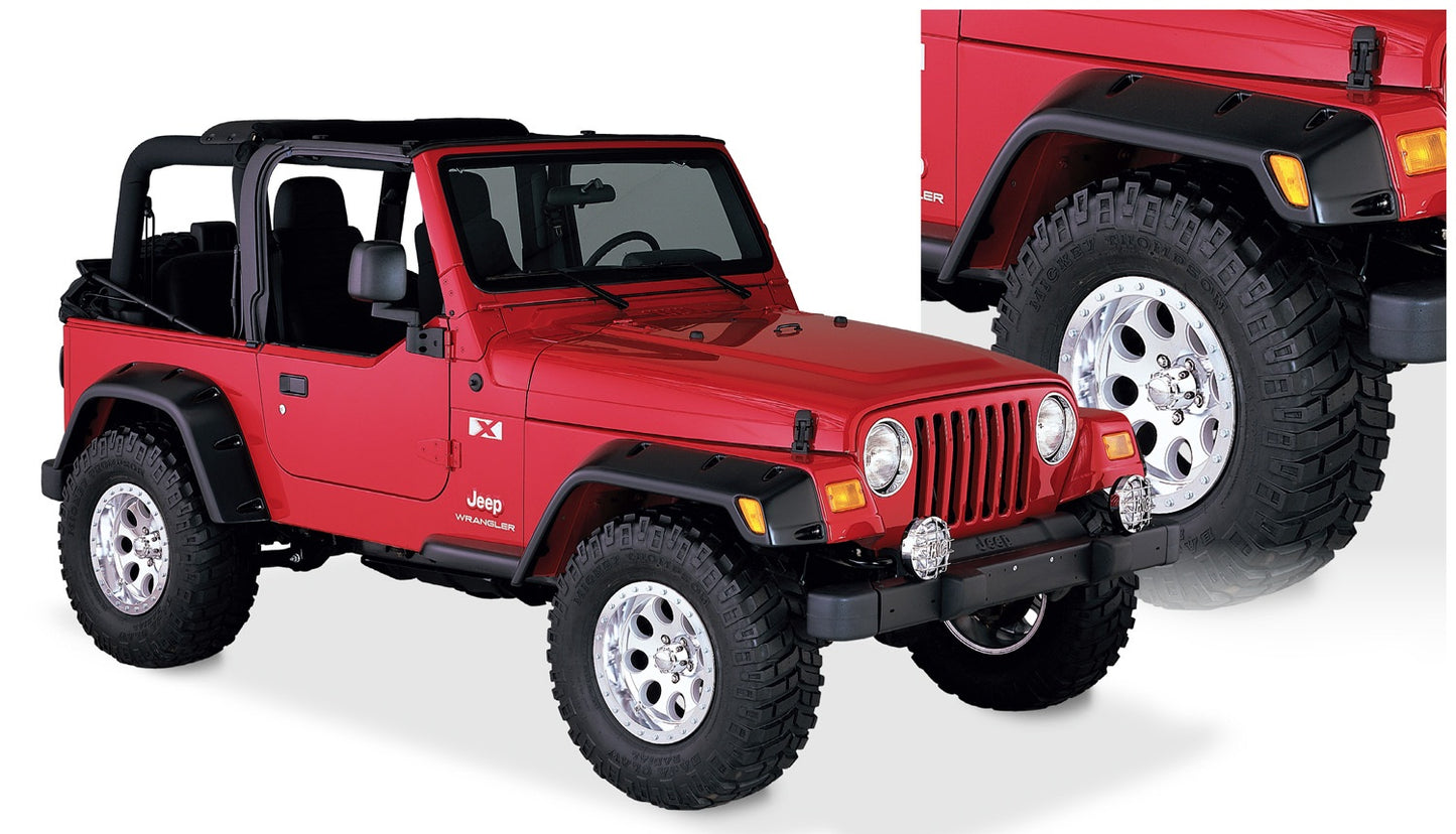 Bushwacker 10908-07 Black Pocket/Rivet Style Textured Finish 4-Piece Fender Flare Set For 1997-2006 Jeep Wrangler TJ