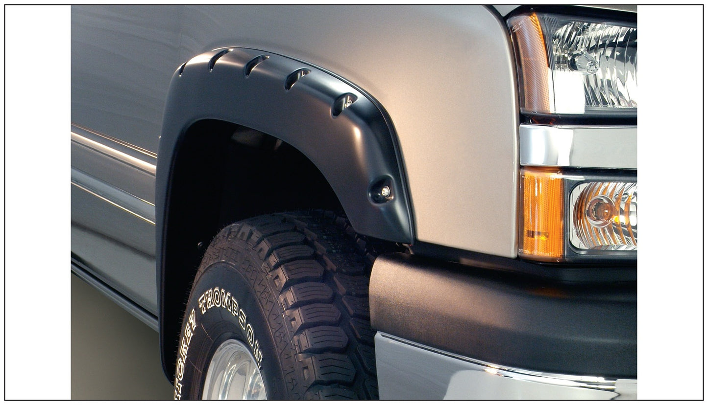 Bushwacker 40918-02 Black Pocket/Rivet Style Smooth Finish 4-Piece Fender Flare Set For 2003-2006 Silverado 1500 1500 HD 2500 HD 3500; 2007 Silverado Classic Models; Excludes Dually