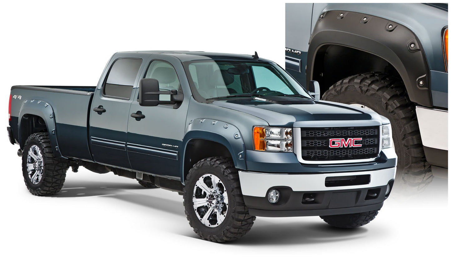 Bushwacker 40943-02 Black Boss Pocket/Rivet Style Smooth Finish 4-Piece Fender Flare Set For 2007-2010 GMC Sierra 2500 HD/3500 HD (Excludes Dually)