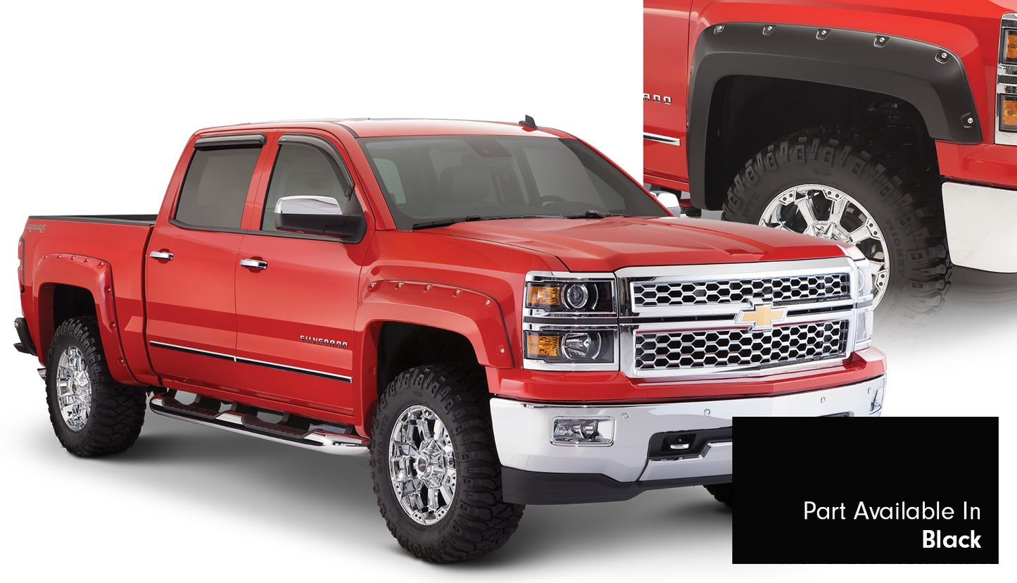 Bushwacker 40957-34 Pocket/Rivet Style Color Matched Black 4-Piece Fender Flare Set For 2016-2018 Chevrolet Silverado 1500 2017-2019 Chevrolet Silverado 2500 HD/3500 HD; Fits 78.8/97.8 In. Bed