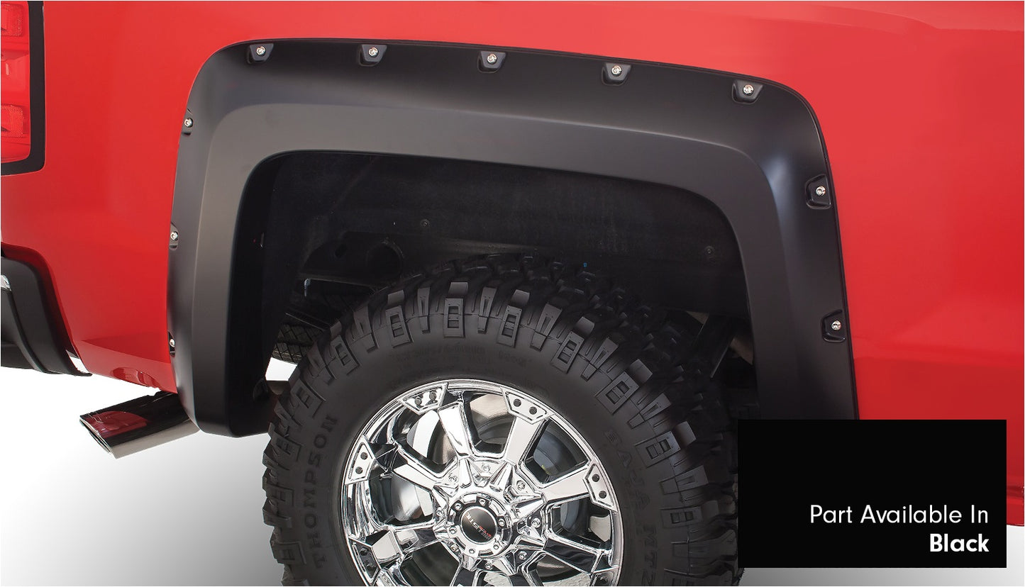 Bushwacker 40957-34 Pocket/Rivet Style Color Matched Black 4-Piece Fender Flare Set For 2016-2018 Chevrolet Silverado 1500 2017-2019 Chevrolet Silverado 2500 HD/3500 HD; Fits 78.8/97.8 In. Bed