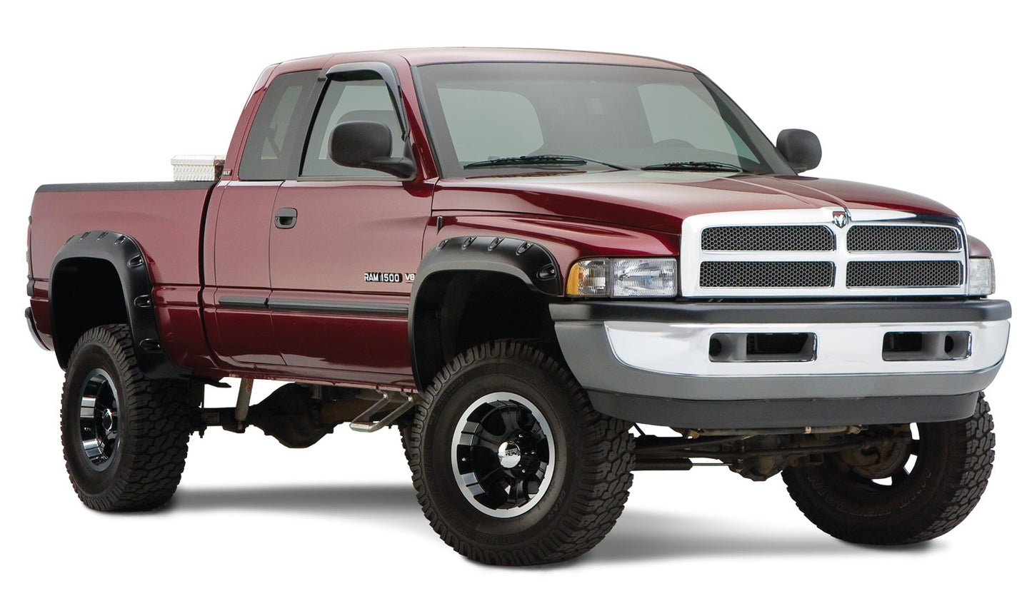Bushwacker 50908-02 Black Pocket/Rivet Style Smooth Finish 4-Piece Fender Flare Set For 1994-2001 Dodge Ram 1500; 1994-2002 Ram 2500 3500 (Excludes Dually); Fit 78/96 In. Bed