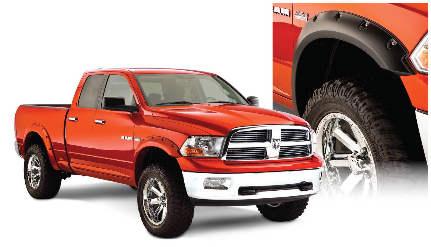 Bushwacker 50915-02 Black Pocket/Rivet Style Smooth Finish 4-Piece Fender Flare Set For 2009-2018 Dodge Ram 1500 (Excludes R/T/Rebel); 2019-2022 Ram 1500 Classic (Excludes Rebel Models)