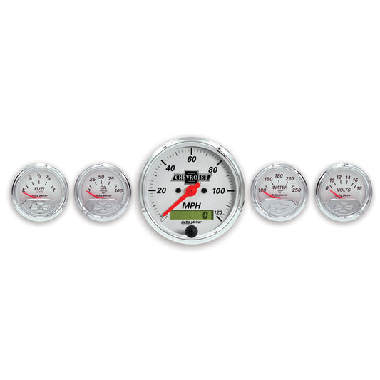 5 PC. GAUGE KIT 3-1/8 In. & 2-1/16 In.  ELEC. SPEEDO. CHEVROLET HERITAGE BOWTIE