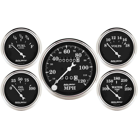 5 PC. GAUGE KIT 3-1/8 In. & 2-1/16 In.  MECH. SPEEDOMETER OLD TYME BLACK