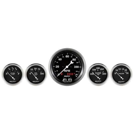 5 PC. GAUGE KIT 3-3/8 In. & 2-1/16 In.  GPS SPEEDOMETER OLD TYME BLACK