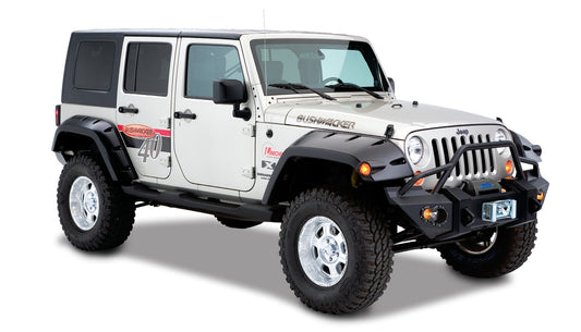 Bushwacker 10044-02 Black Max Coverage Pocket/Rivet Style Smooth Finish Rear Fender Flares With Extended Coverage For 2007-2018 Jeep Wrangler JK Unlimited 4-Door