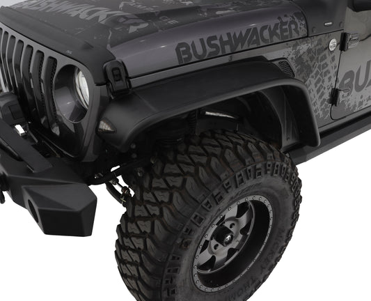 Bushwacker 10101-07 Black Jeep Flat Style Textured Finish Front Fender Flares For 2018-2022 Jeep Wrangler JL (Excludes Rubicon)