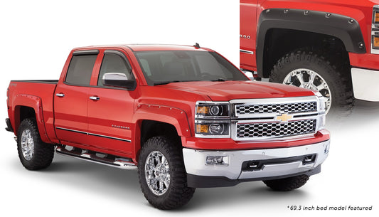 Bushwacker 40957-02 Black Pocket/Rivet Style Smooth Finish 4-Piece Fender Flare Set For 2019 Chevrolet Silverado 1500 LD 2014-2018 Silverado 1500 2015-2019 Silverado 2500 HD/3500 HD; Fits 78.8/97.8 In. Bed