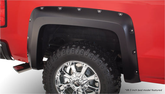 Bushwacker 40957-02 Black Pocket/Rivet Style Smooth Finish 4-Piece Fender Flare Set For 2019 Chevrolet Silverado 1500 LD 2014-2018 Silverado 1500 2015-2019 Silverado 2500 HD/3500 HD; Fits 78.8/97.8 In. Bed