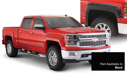 Bushwacker 40957-34 Pocket/Rivet Style Color Matched Black 4-Piece Fender Flare Set For 2016-2018 Chevrolet Silverado 1500 2017-2019 Chevrolet Silverado 2500 HD/3500 HD; Fits 78.8/97.8 In. Bed